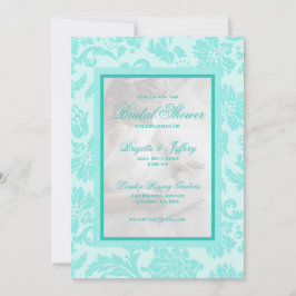 Invitación Elegante ducha de novia verde azulada adamascada p