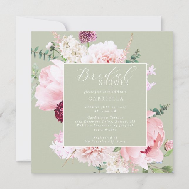 Invitación Elegante ducha de novia verde azulada con luz flor (Anverso)