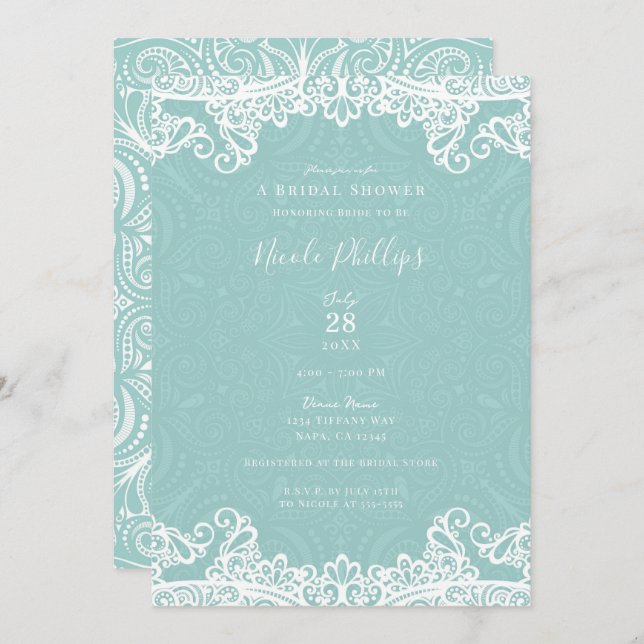 Invitación Elegante ducha de novia Verde azulada turquesa bla (Anverso / Reverso)