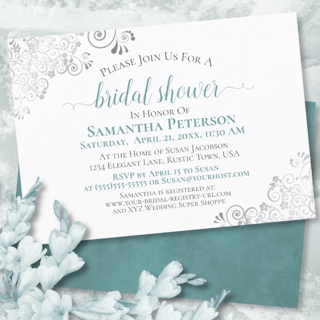 Invitación Elegante ducha de novia Verde azulada y plateada (Subido por el creador)