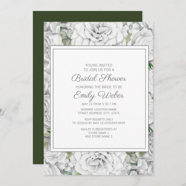 Invitación Elegante ducha de novia verde floral blanca botáni (Anverso / Reverso)