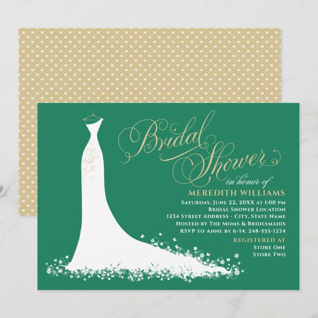 Invitación Elegante ducha de novia verde y Boda dorada (Anverso / Reverso)