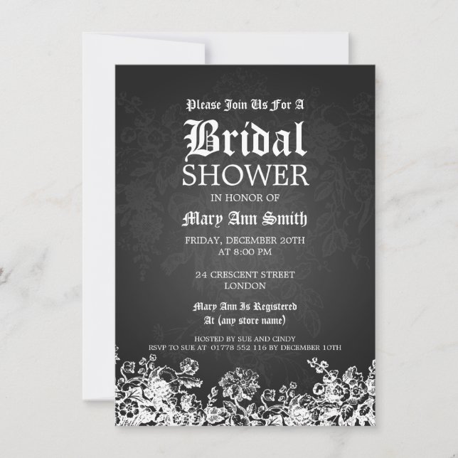 Invitación Elegante ducha de novia victoriana florece negro (Anverso)