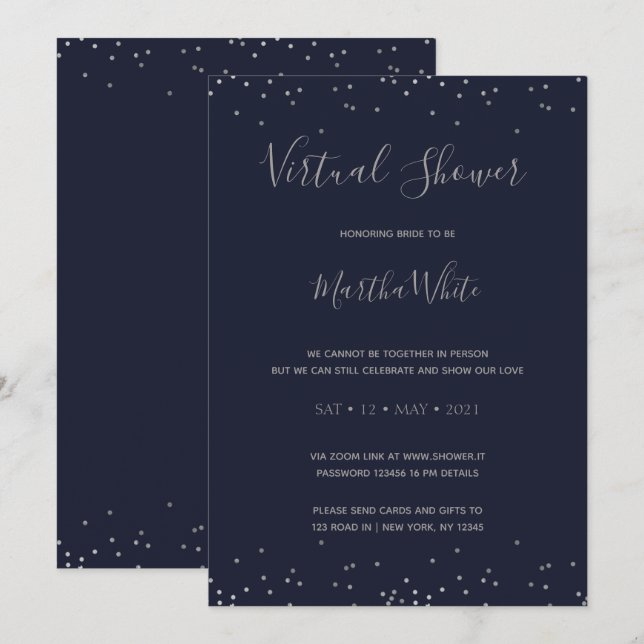 Invitación Elegante ducha de novia virtual de plata azul de l (Anverso / Reverso)
