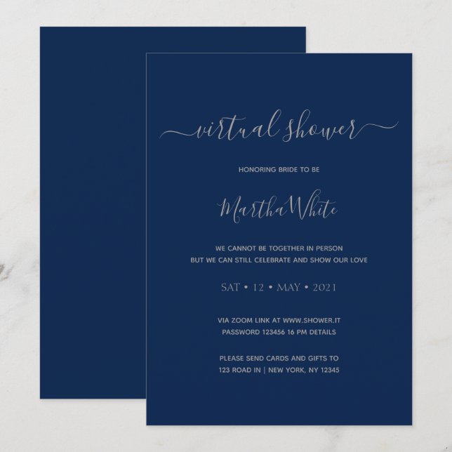 Invitación Elegante ducha de novia virtual de plata de la mar (Anverso / Reverso)