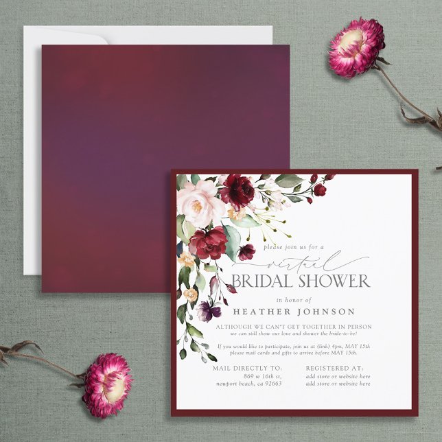 Invitación Elegante ducha de novia virtual floral borgoñona (Subido por el creador)