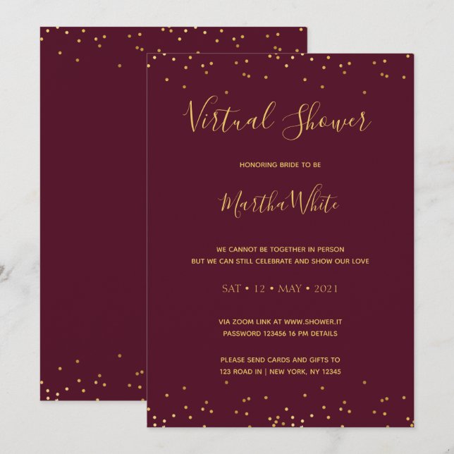 Invitación Elegante ducha de novia virtual simple de oro borg (Anverso / Reverso)