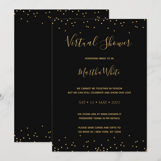 Invitación Elegante ducha de novia virtual simple de oro negr (Anverso / Reverso)