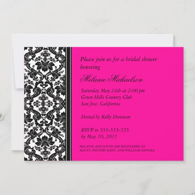 Invitación Elegante ducha de novias Black Hot Pink Floral Dam (Anverso)
