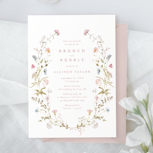 Invitación Elegante ducha de novias Boho Rústico de Flor Silv (Elegant Pink Wildflower Rustic Boho Bridal Shower Invitation)