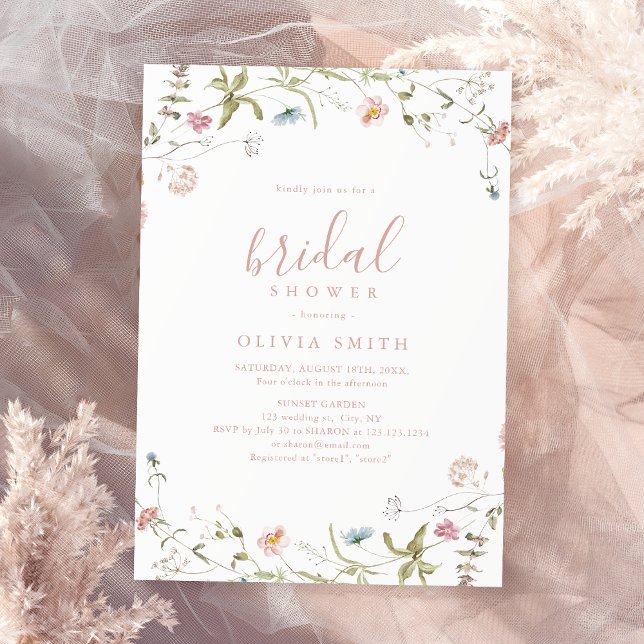 Invitación Elegante ducha de novias Boho Rústico de Flor Silv (Elegant Pink Wildflower Rustic Boho Bridal Shower Invitation)