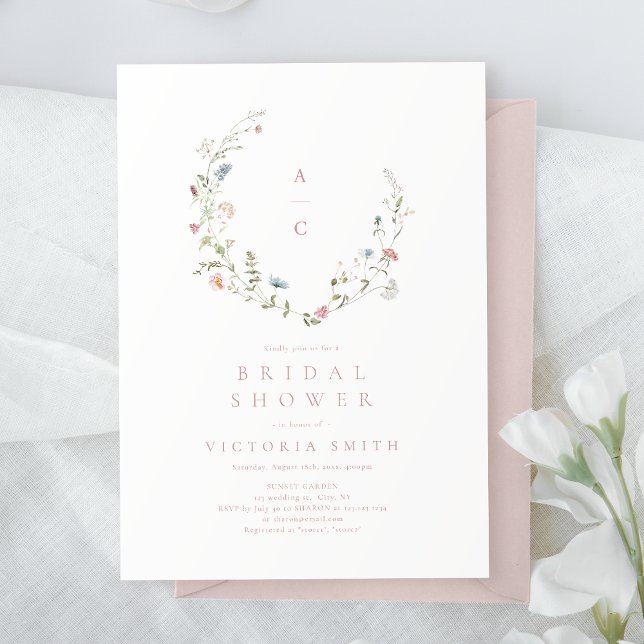 Invitación Elegante ducha de novias Boho Rústico de Flor Silv (Elegant Pink Wildflower Rustic Boho Bridal Shower Invitation)