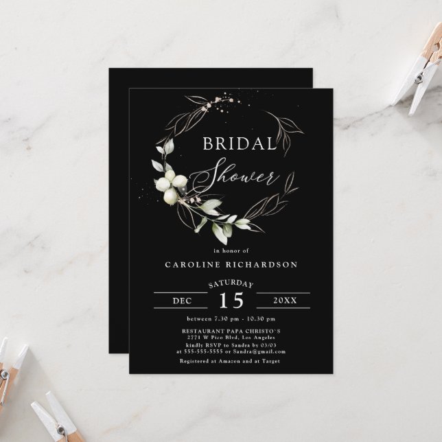 Invitación Elegante ducha de novias botánicas de oro negro (Anverso/Reverso In Situ)