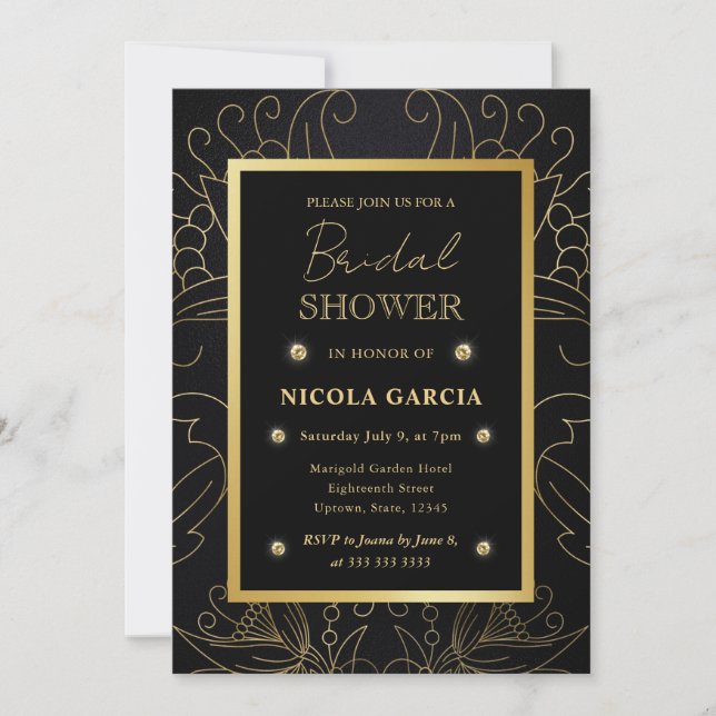 Invitación Elegante ducha de novias botánicas en negro y oro (Anverso)