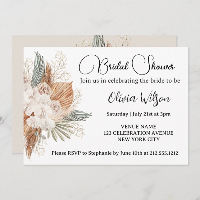 Invitación Elegante ducha de novias con flores de Boho (Anverso / Reverso)