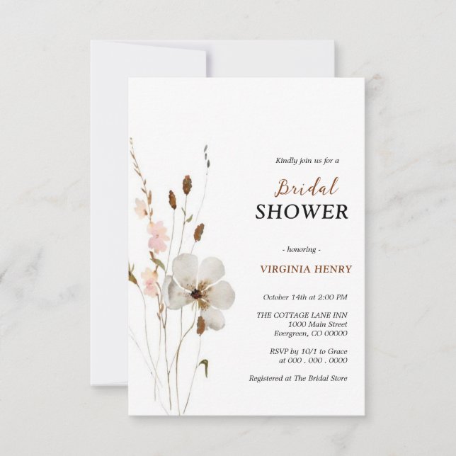 Invitación Elegante ducha de novias con flores de Boho (Anverso)