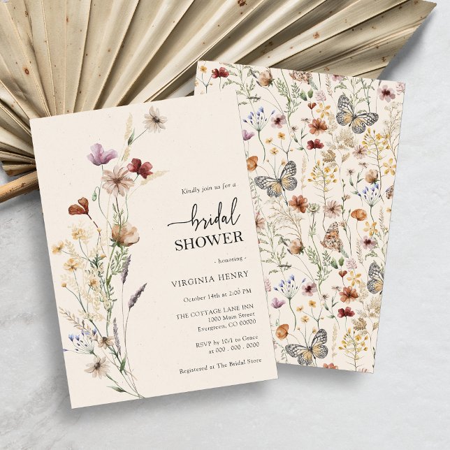 Invitación Elegante ducha de novias con flores de Boho (Rustic Boho Wildflower Bridal Shower Invitation with Butterflies by Painted Paperie)