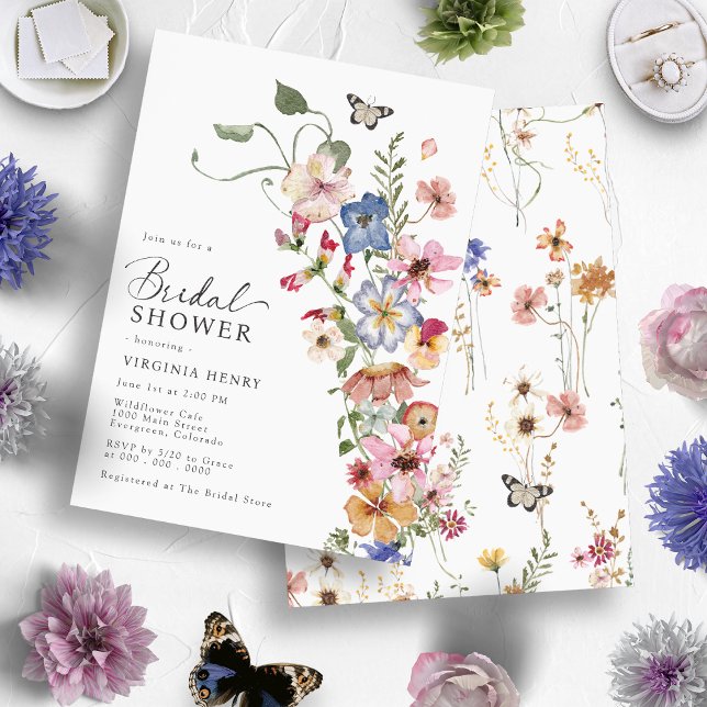 Invitación Elegante ducha de novias con flores de Boho (Colorful Wildflower Elegant Boho Floral Bridal Shower Invitation
)