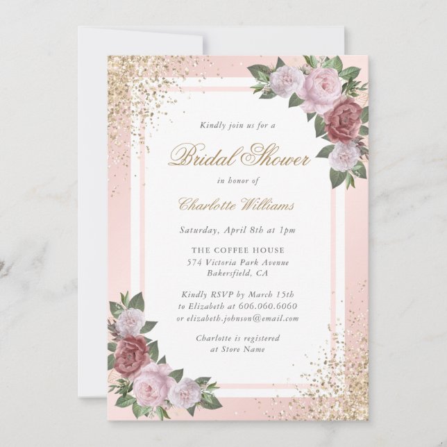 Invitación Elegante ducha de novias con flores de oro rosado  (Anverso)