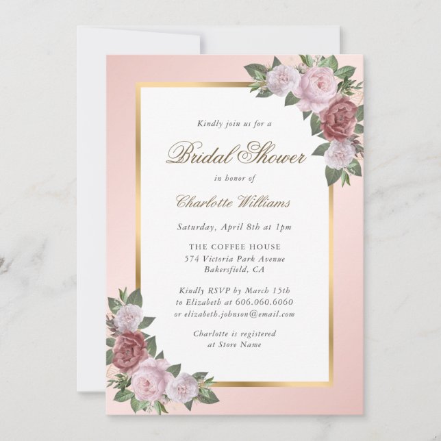 Invitación Elegante ducha de novias con flores de oro rosado  (Anverso)