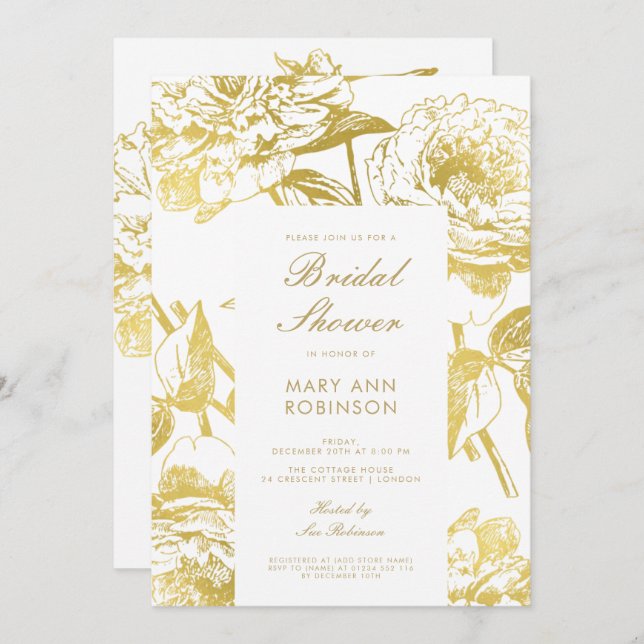 Invitación Elegante ducha de novias con flores doradas (Anverso / Reverso)