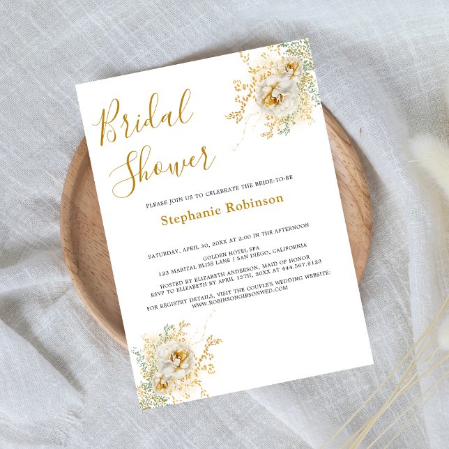Invitación Elegante ducha de novias con flores doradas (Subido por el creador)