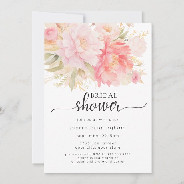 Invitación Elegante ducha de novias con flores rosadas (Anverso)