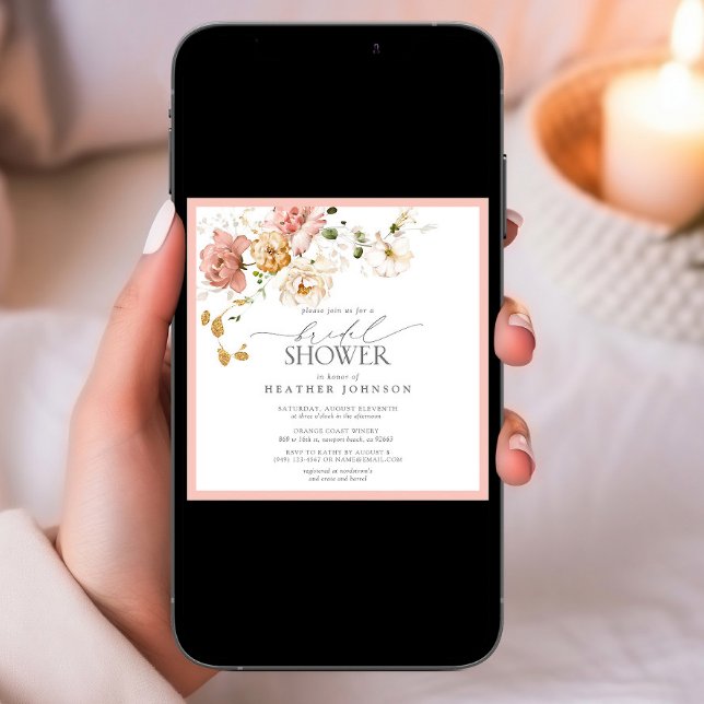 Invitación Elegante ducha de novias con flores rosadas y dora (Subido por el creador)