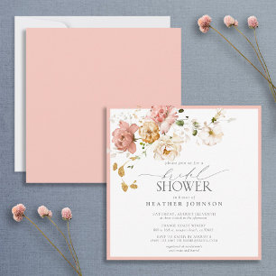 Invitación Elegante ducha de novias con flores rosadas y dora