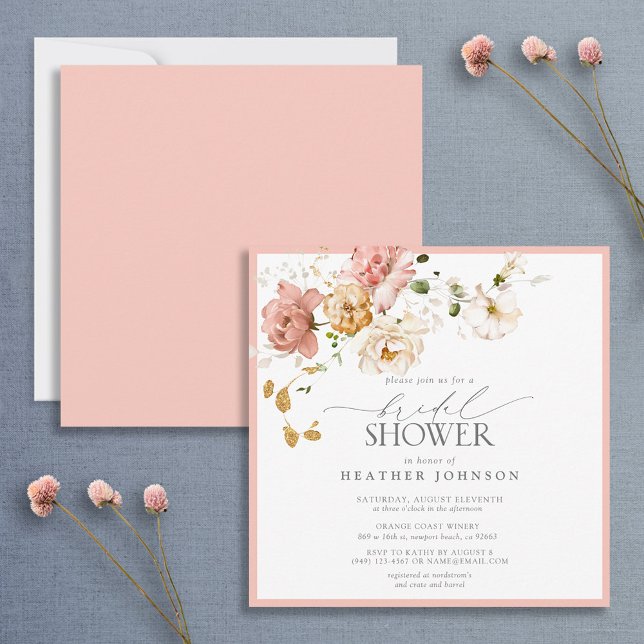 Invitación Elegante ducha de novias con flores rosadas y dora (Subido por el creador)