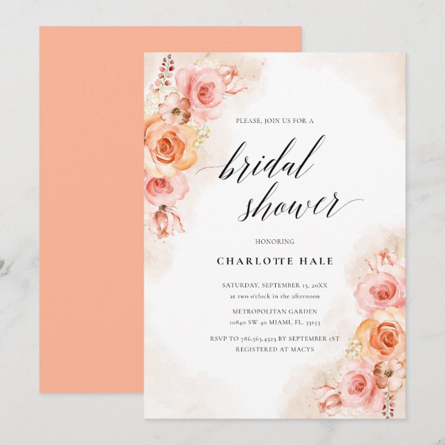 Invitación Elegante ducha de novias con foto floral de Rubor  (Anverso / Reverso)