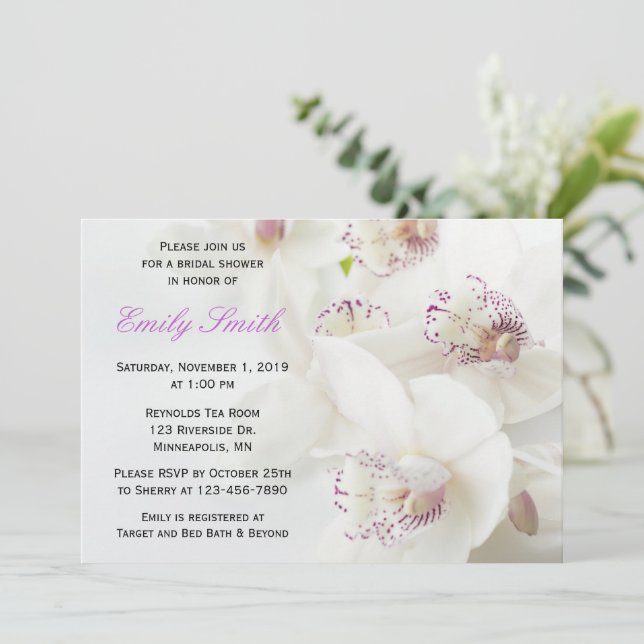 Invitación Elegante ducha de novias con orquídeas blancas y p (Anverso de pie)
