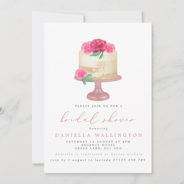 Invitación Elegante ducha de novias con pastel de flores rosa (Anverso)