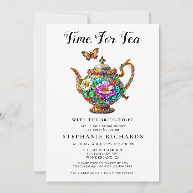 Invitación Elegante ducha de novias con tetera floral de oro (Anverso)