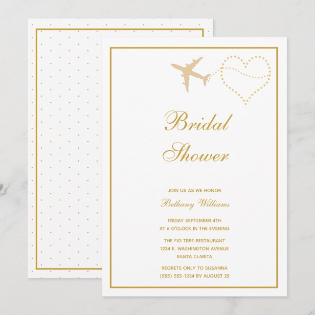 Invitación Elegante ducha de novias con viaje de oro blanco (Anverso / Reverso)
