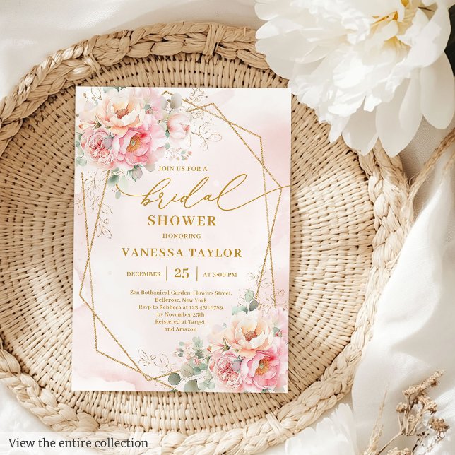 Invitación Elegante ducha de novias de Boho Rubor Roses rosad (Stylish Boho Blush Pink Roses Gold Bridal Shower Card)