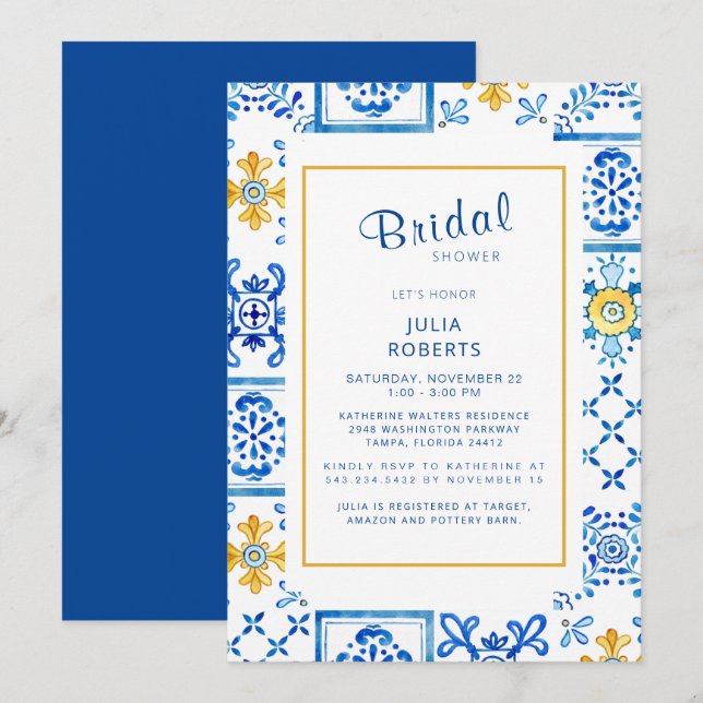 Invitación Elegante ducha de novias de cobalto en mosaico med (Anverso / Reverso)