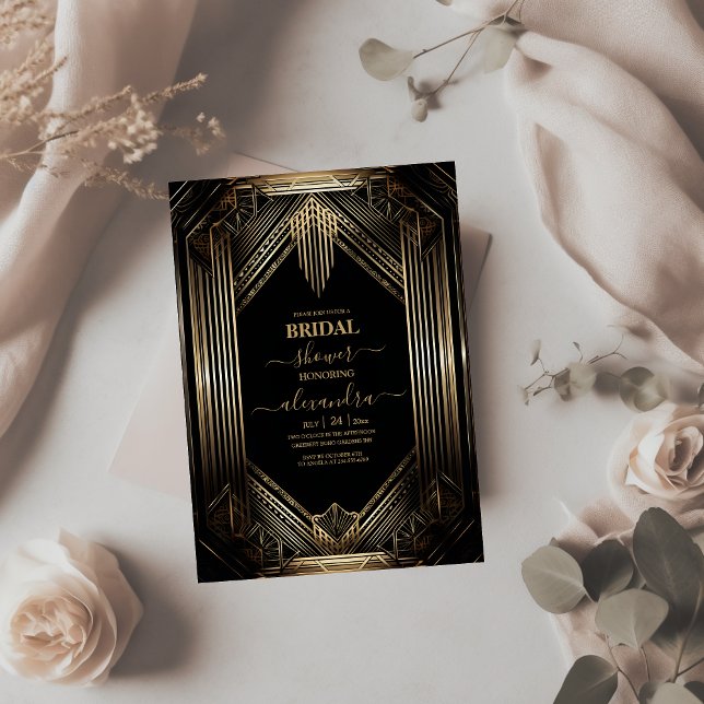 Invitación Elegante ducha de novias de estilo Art Deco negro  (Subido por el creador)