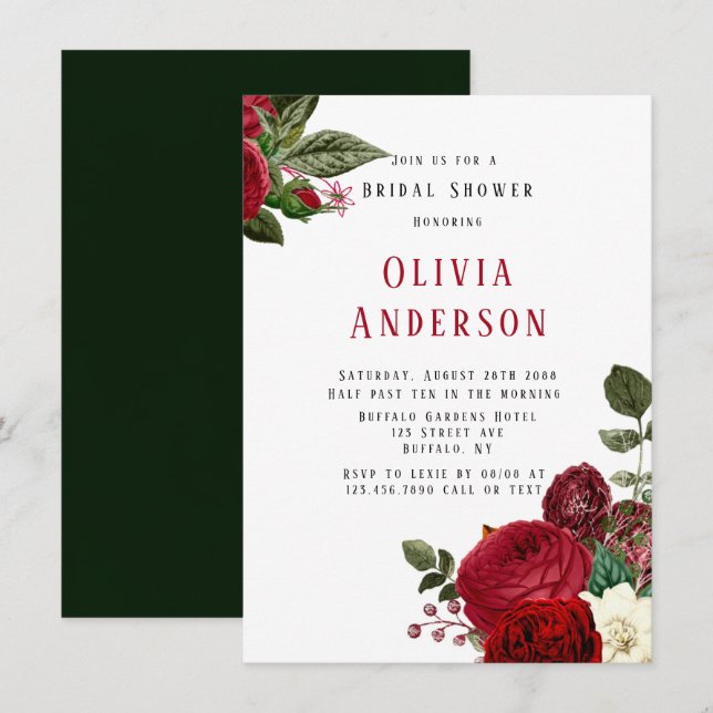 Invitación Elegante ducha de novias de los Red Peonies (Anverso / Reverso)