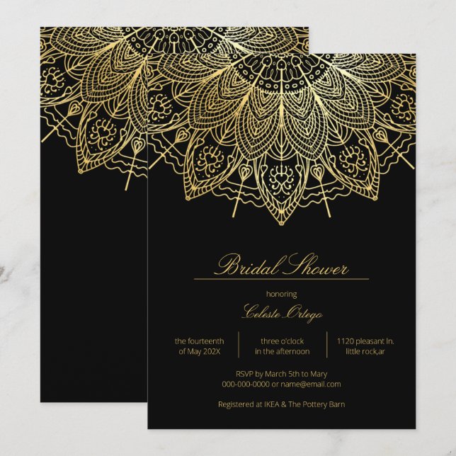 Invitación Elegante ducha de novias de manala negra y dorada (Anverso / Reverso)
