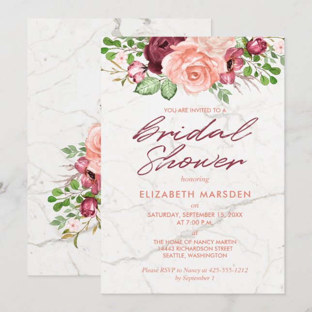 Invitación Elegante ducha de novias de mármol burdeos malvas (Anverso / Reverso)