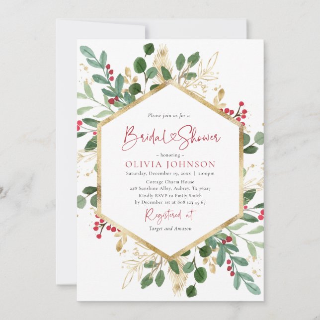 Invitación Elegante ducha de novias de Navidades Red Gold (Anverso)