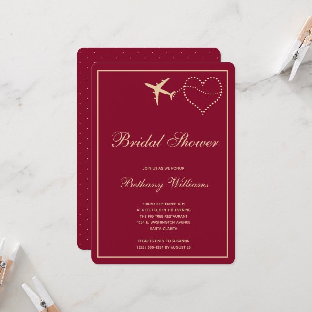 Invitación Elegante ducha de novias de oro de Borgoña (Anverso/Reverso In Situ)