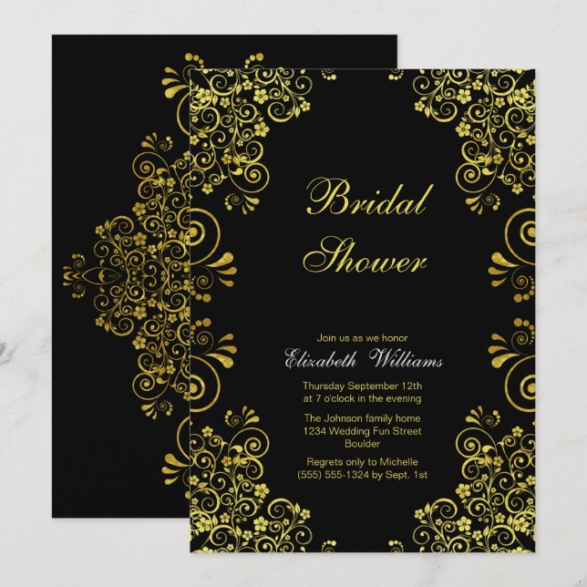 Invitación Elegante ducha de novias de oro negro (Anverso / Reverso)