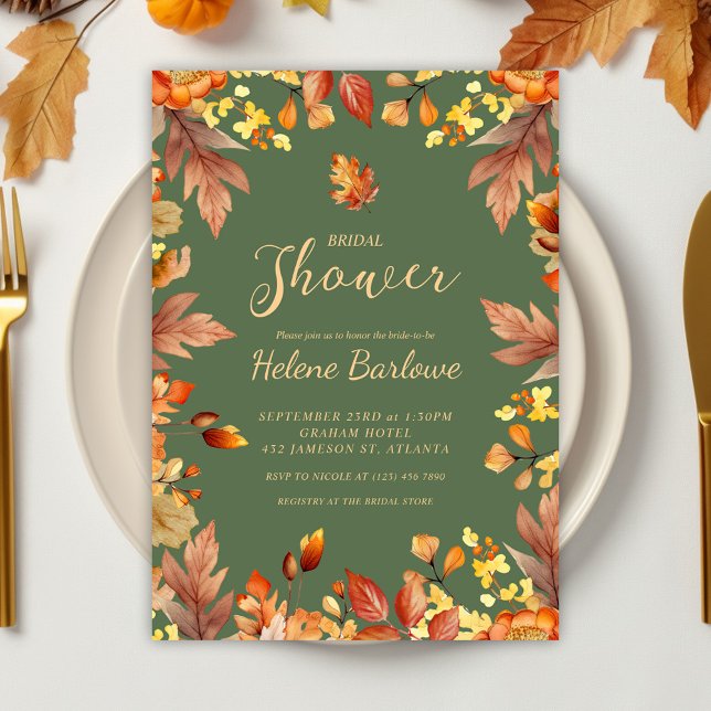 Invitación Elegante ducha de novias de otoño con caída rústic (Sage Green Elegant Fall Bridal Shower Invitation)