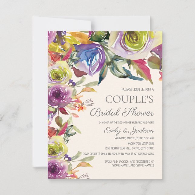 Invitación Elegante ducha de novias de una pareja dorada púrp (Anverso)