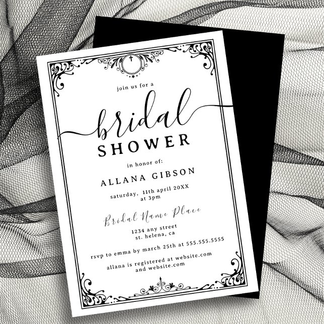 Invitación Elegante ducha de novias en blanco y negro (legant black-and-white bridal shower invitation with intricate border design.)