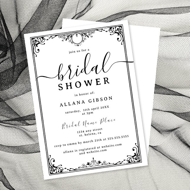 Invitación Elegante ducha de novias en blanco y negro (Elegant black-and-white bridal shower invitation with ornate border and script.)