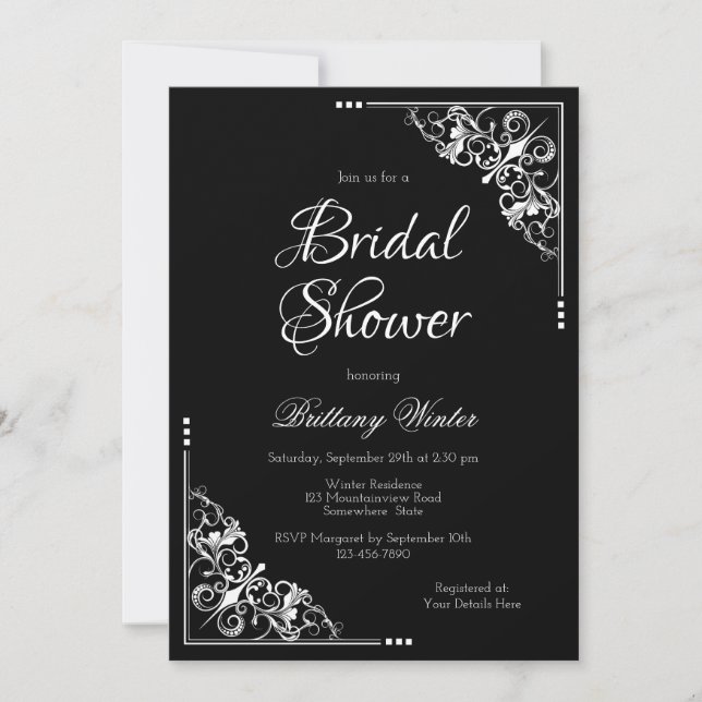 Invitación Elegante ducha de novias en blanco y negro (Anverso)