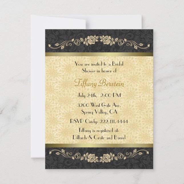 Invitación Elegante ducha de novias en negro y dorado (Anverso)